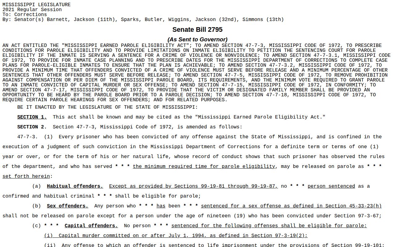 Mississippi earned parole law for Winston County projected release dates